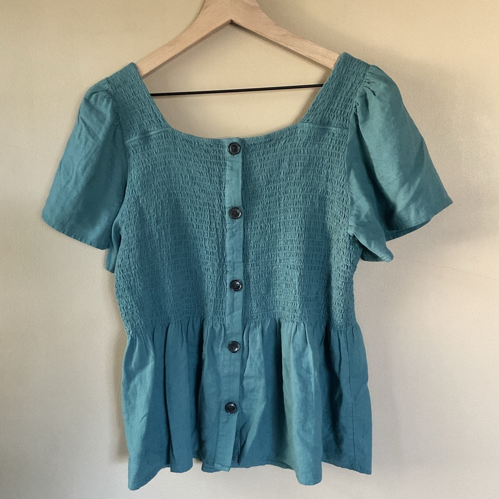 Madewell Linen Blend Smocked Peplum Blouse Teal Size Large - Picture 3 of 8